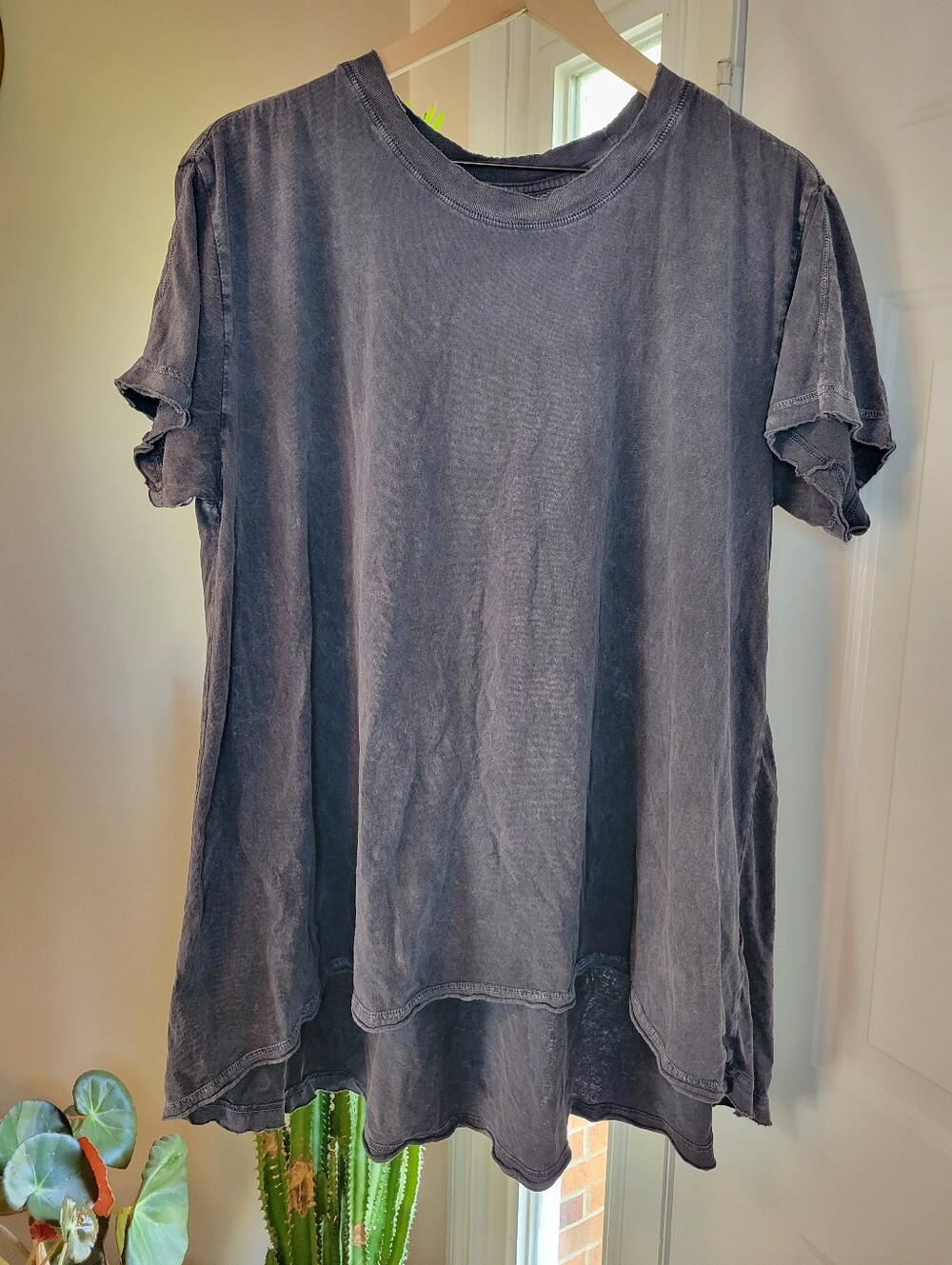 Free People Movement Leg Day Acid Wash Charcoal Grey Tee, Size Small Oversized